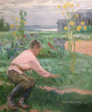 Child Painting - boy on a grass Nikolay Bogdanov Belsky kids child impressionism